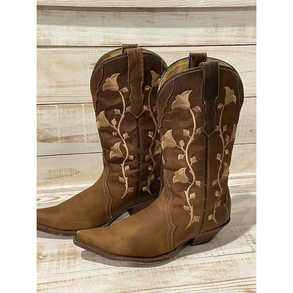 Rudel Leather Western Boots Pointed Toe Woth Floral Embroidery Women's Size US6E